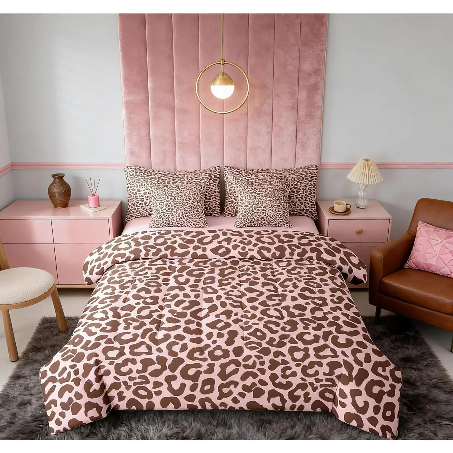 Pink Leopard Print 7 Piece Bedding Set Cheetah Comforter Set with Sheets Animal Print Bed in a Bag Safari Bed Set Soft Lightweight