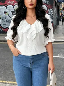Large Size V-Neck Blouse, Womenswear, Layered Ruffle Chiffon Top, Shirts, Bubble Sleeves, Loose Fit, Casual Style, Feminine, Polka Dot Pattern, Long Sleeveless
