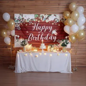 6ftx3ft White Brown Rustic Wood Floral Happy Birthday Photo Backdrop, Large Polyester Background Banner