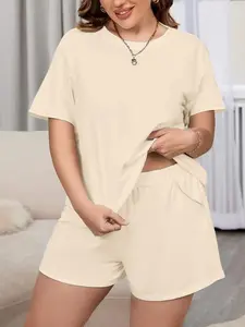 [Plus Size] cute Solid summer outfits, Women's Casual Two-Piece Matching Set, Loose-Fitting Oversized Round Neck Short Sleeve T-Shirt & Shorts, Comfortable Fashion for Daily Wear