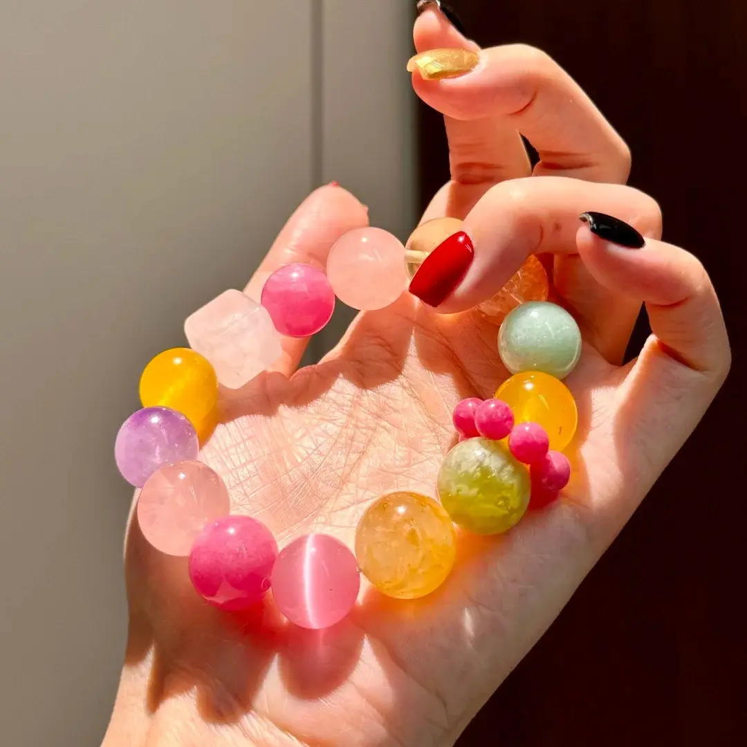 Women's Y2K Ins Aesthetic Beaded Bracelet - Vibrant Bold Color, Natural Multi-Color Mixed Gemstone Large Round Beads, Pink Crystal Cube & Fuchsia Flower Accents, Elastic Handmade Stackable Natural Crystal Jewelry