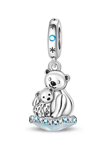 DIY Fashion Pendant Necklace, Mother & Baby Bear Design, Blue Zircon Inlaid Shell Bead Jewelry Gift for Mom Friend Pandora Bracelet Accessory