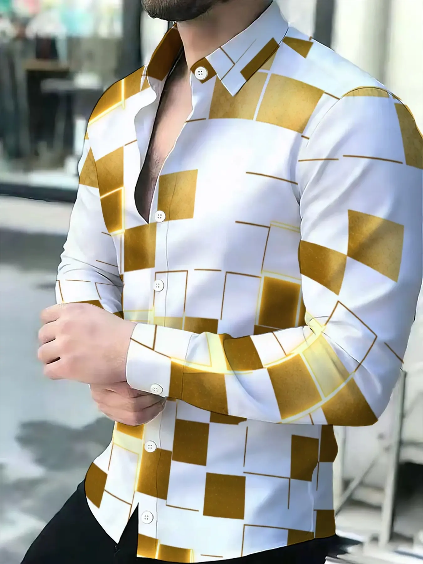 Men's Novel Geometric Pattern Casual Printed Collared Long Sleeve Shirt