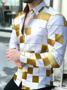 Men's Novel Geometric Pattern Casual Collared Long Sleeve Shirt