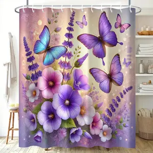 Purple Butterfly Flower Patterned Shower Curtain with Hooks with Hooks for Home Bathroom Decor for All Seasons Indoor and Outdoor Use