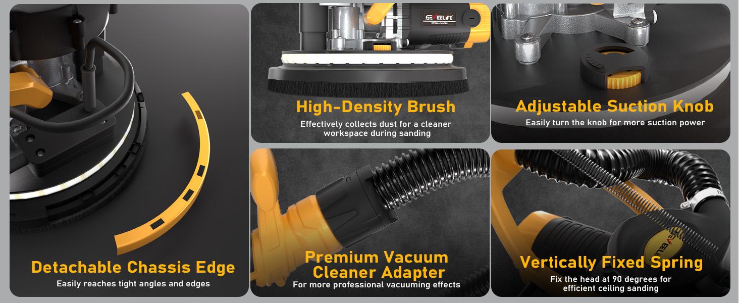 GEVEELIFE Electric Drywall Sander with Vacuum, 13000Pa Suction Power, 120° Pivoting Head & Ergonomic Handle, Foldable Wall Sander with LED Light & Dust Bag for Ceilings & Walls