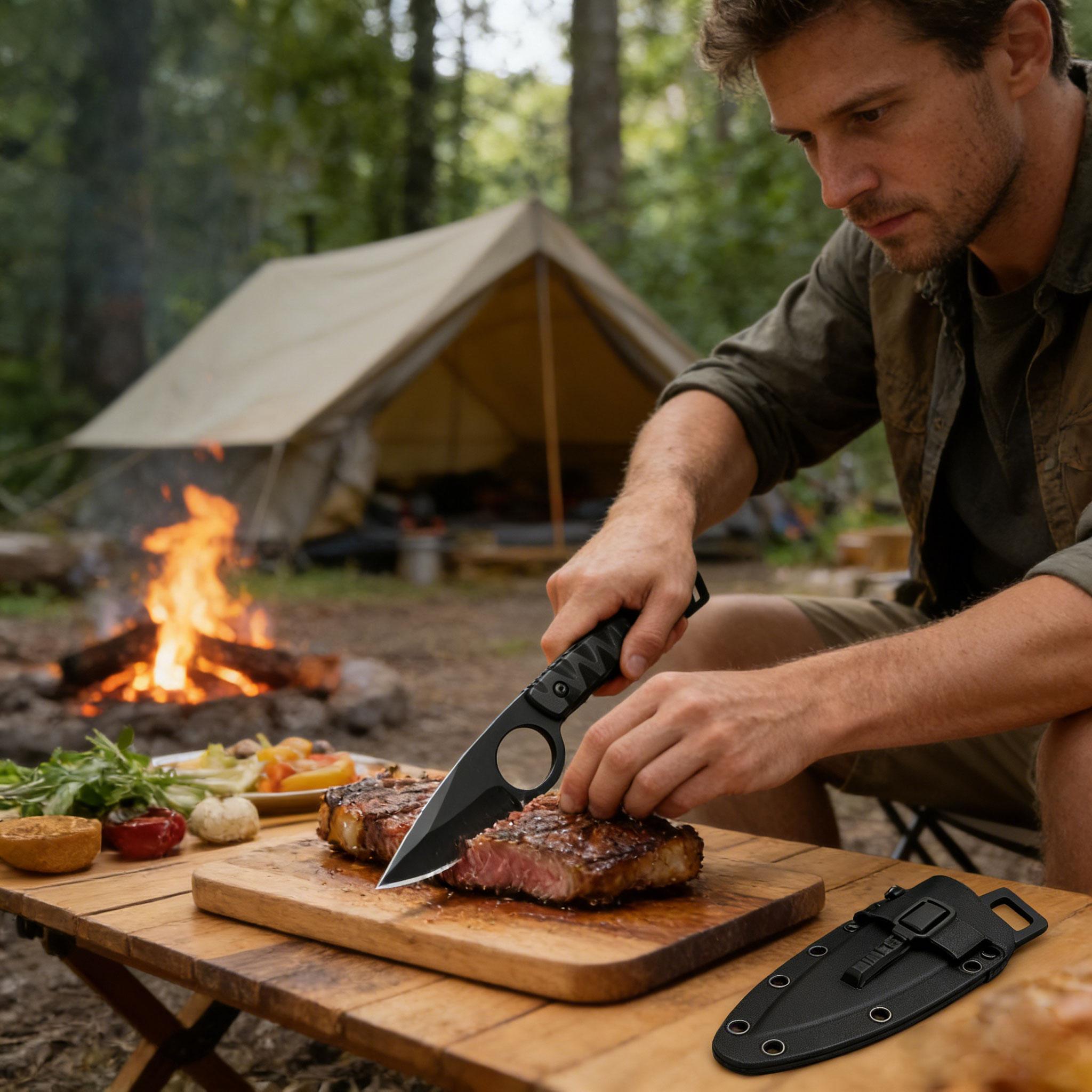 EDC Fixed Blade Survival Knife with Kydex Sheath, Tactical Hunting Knife for Camping Hiking, Outdoor Utility Knife with Serrated Edge, Durable Camping Gear for Men