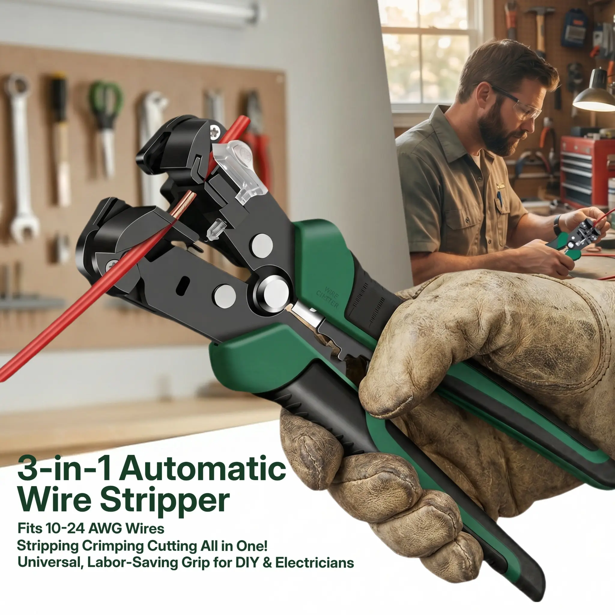 3-in-1 Automatic Wire Stripper Tool, Heavy Duty Self-Adjusting Wire Stripping/Cutting/Crimping Pliers for 10-24 AWG Solid/Stranded Copper & Aluminum Wires, Professional Electrician Wiring Tool for DIY and Electrical Repairs-YY