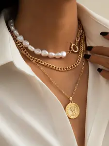 Vintage Baroque Faux Pearl Pendant Necklace Set, Punk Style Alloy Chain Jewelry for All Seasons, Elegant Women's Accessory
