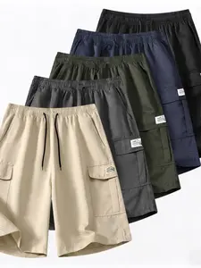 5-Pack Men's cargo shorts, Elastic Waist Casual Summer Outdoor Multi-Pocket Shorts, Fashion Loose-Fitting Solid Pattern