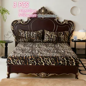 3-Piece Fleece-Lined Thick Milk Velvet Leopard Print Bedding Set, 1 Fitted Sheet + 2 Pillowcases, Warm Breathable Fabric for Fall & Winter