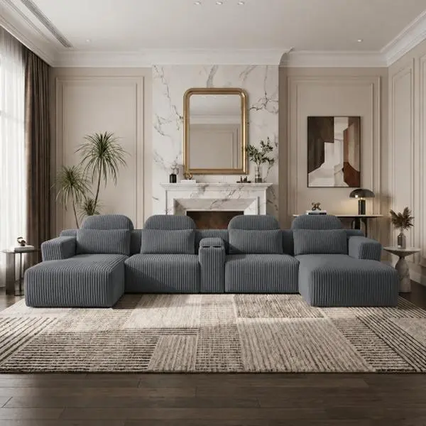 145.7” Oversized Corduroy Modular Sofa w/ Cup Holders & Storage – 6-Seater U-Shape, No Tools Assembly, Luxury Home Theater Feel（Dark Gray）