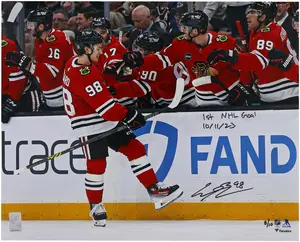 Connor Bedard Chicago Blackhawks Autographed 16" x 20" First NHL Goal Celebration Photograph with "1st NHL Goal 10/11/23" Inscription - Limited Edition of 10 - Fanatics Authentic Certified
