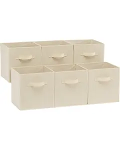 Pack of 6 Collapsible Fabric Storage Cubes Organizer with Handles, Sturdy, Beige, 10.5-x-10.5-x-11-inch, Pack of 6