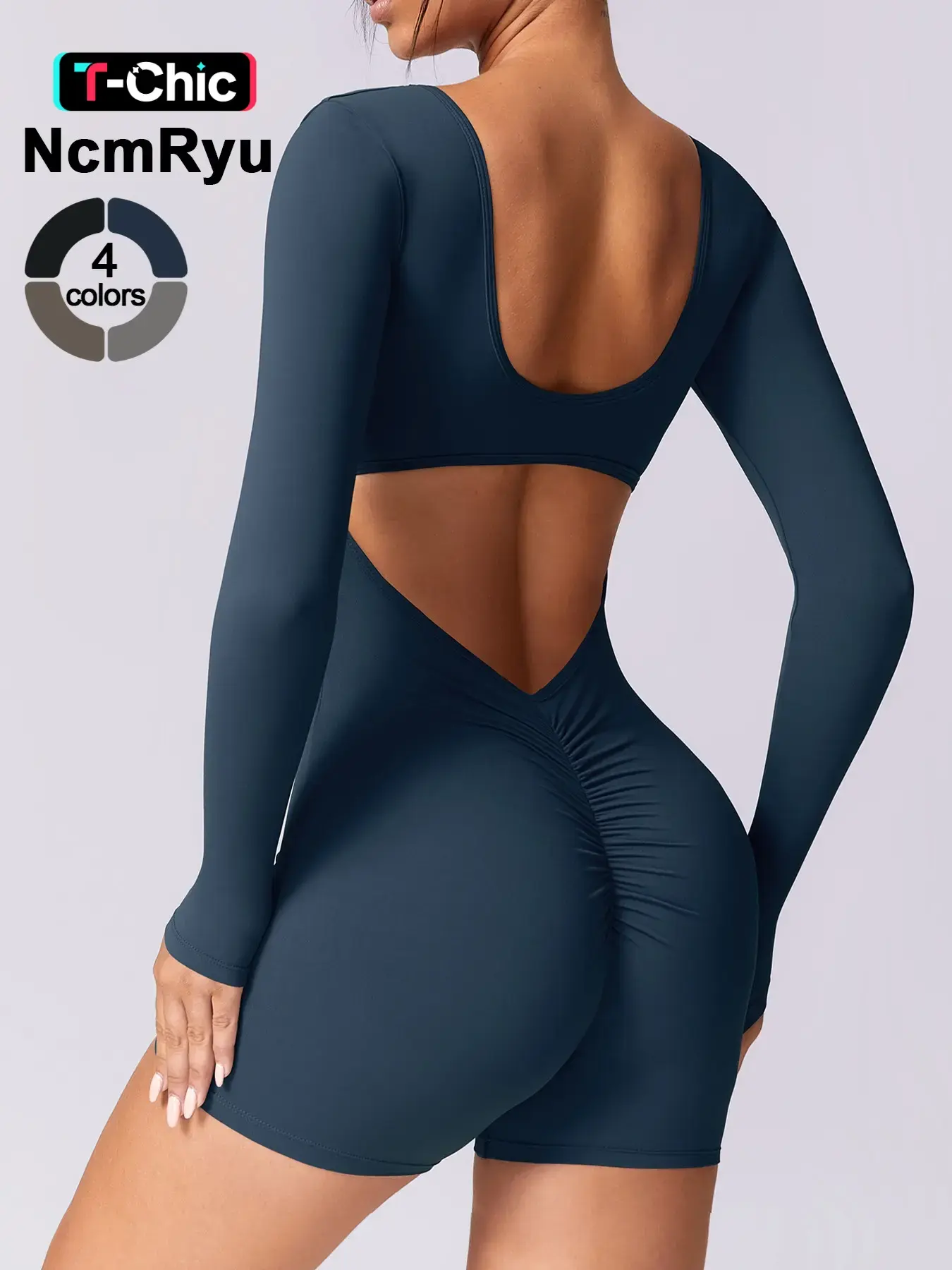 Women's Seamless High Elastic U-Neck Back Hollow-Out Hip Lifter Yoga Suit, Ruched Sports Jumpsuit, Outdoor Running Cycling Shorts, Stretchable Activewear Jumpsuit, Workout Outfits, Stretchy Sports Outfit, Shaping Yoga Jumpsuit, Tight Fitting Jumpsuit