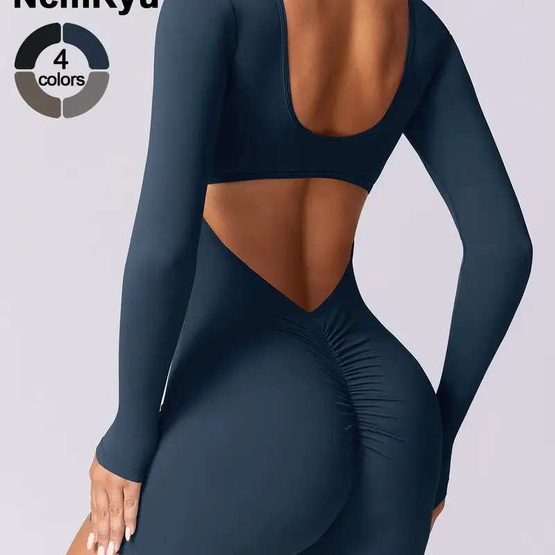 Women's Seamless High Elastic U-Neck Back Hollow-Out Hip Lifter Yoga Suit, Ruched Sports Jumpsuit, Outdoor Running Cycling Shorts, Stretchable Activewear Jumpsuit, Shaping Yoga Jumpsuit, Sporty Yoga Jumpsuit