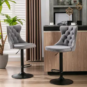 Swivel Counter Height Bar Stools Set of 2, Kitchen Island Barstools, Velvet Adjustable Bar Height Stool Chairs, Tufted Back, Black Metal Base, Sillas para Barra de Cocina