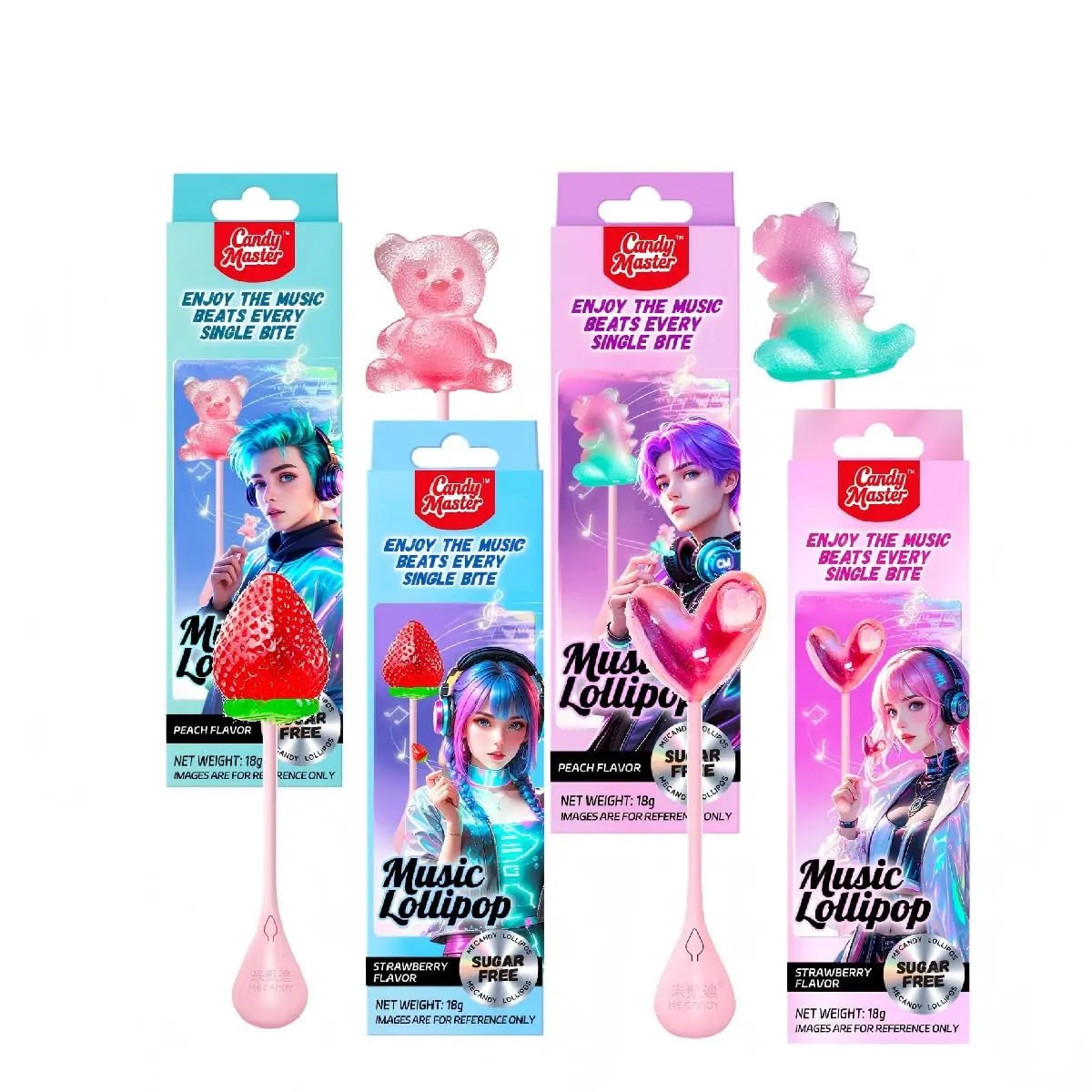 Candy Master Music Lollipop Sugar Free KPOP Style Candy 4 Pack | Music lollipop with sugar-free fruity flavors and fun KPOP style design