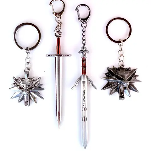 Witcher 3 Metal Keychains, Geralt's Wolf Medallion, Silver Sword and Steel Sword