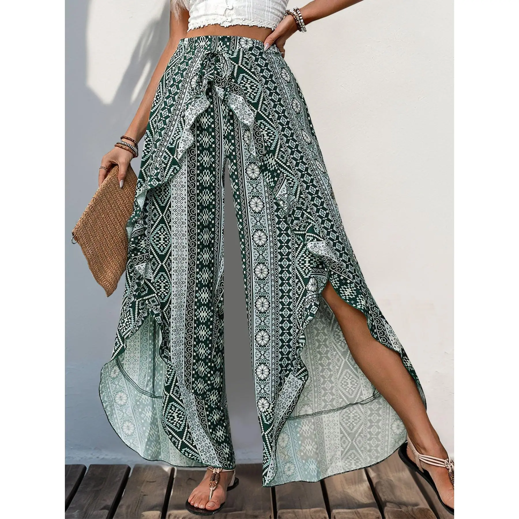 Slit Ruffled Geometric Wide Leg Pants