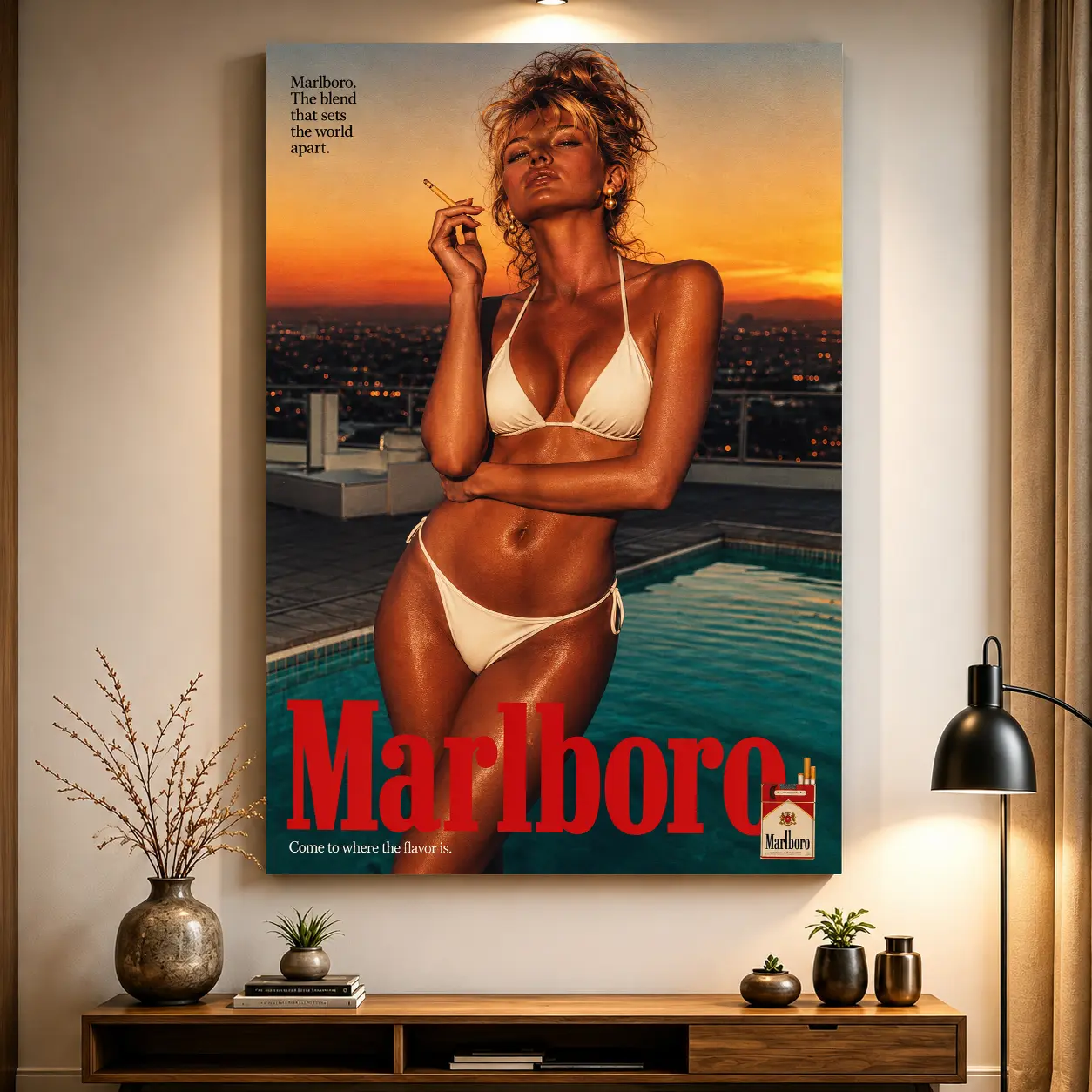 Vintage Sunset Pool Girl Canvas Wall Art, Retro Pin Up Poster, Nostalgic Americana Wall Decor, Classic Summer Aesthetic Artwork, Funny Bar Man Cave Bedroom Lounge Decor