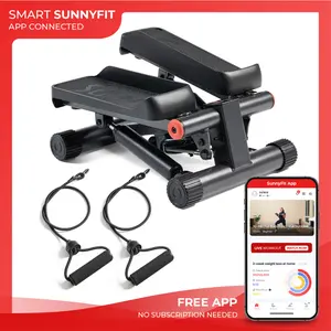 Sunny Health & Fitness Smart Mini Stepper with Resistance Bands, Home Gym Workout Fitness, LCD Screen Digital Monitor, Compact Stair Stepper/Climber & Squat Trainer, Leg/Thigh/Glute Toner, Portable Quiet Elliptical Motion, Full-Body Rehab/Core
