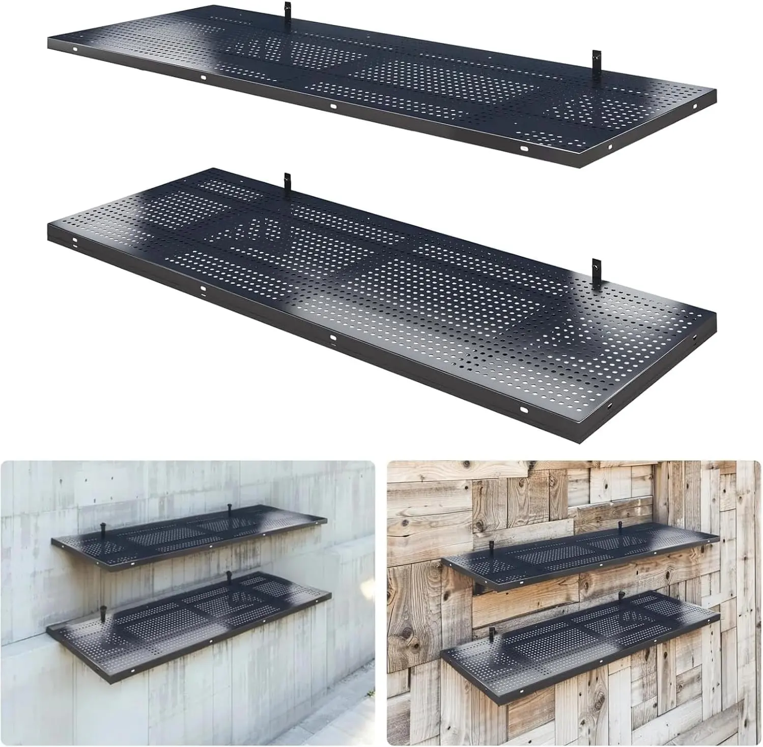 2-Pack Heavy-Duty Adjustable Steel Garage Wall-Mounted Storage Shelf Set, 520 LBS Capacity, 1.64x4 FT Floating Racks with Hooks, Easy Installation for Garage Organiser