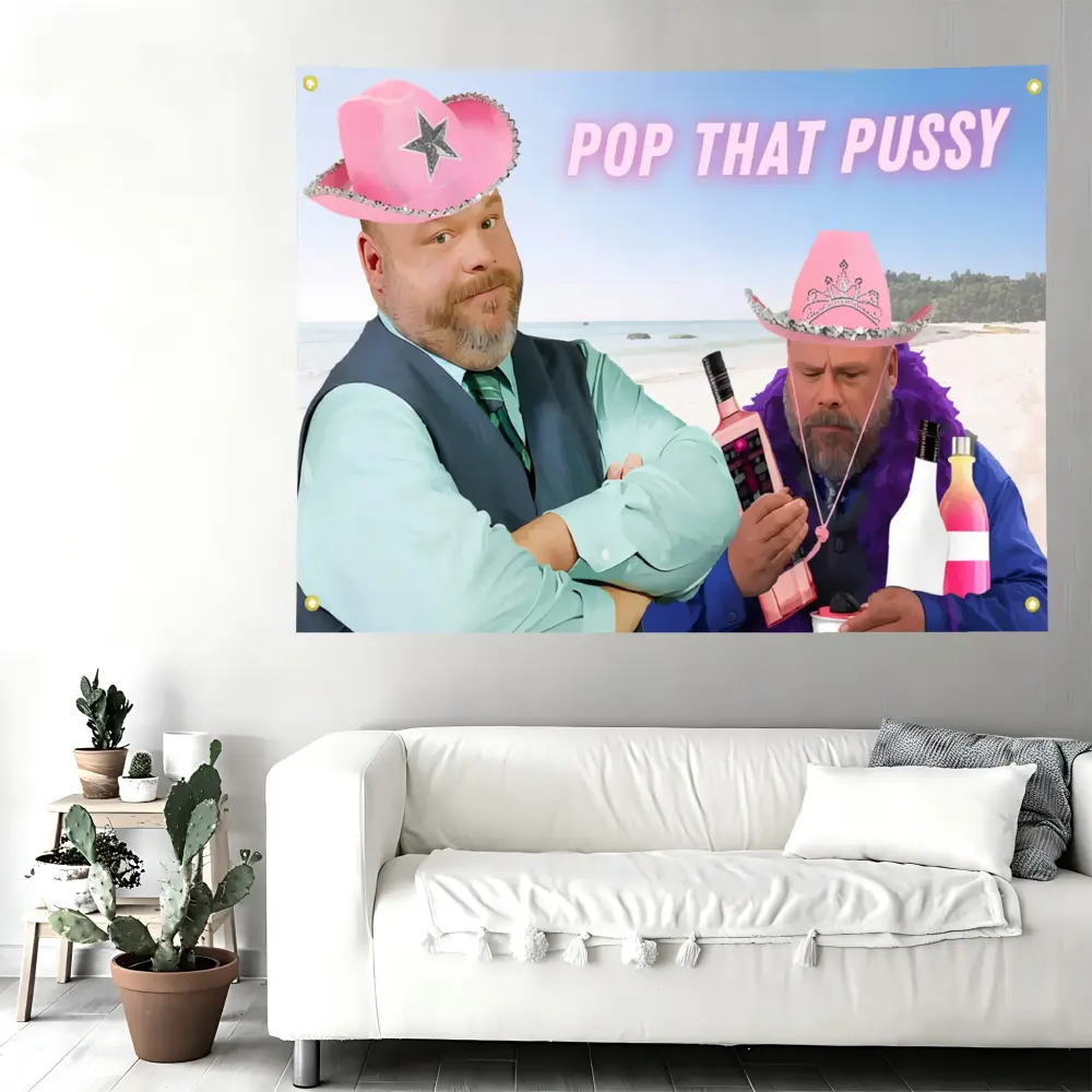 Bertram Jessie "Pop That Pussy" Funny Meme Art Synthetic Polyester Fiber Wall Flag Tapestry, Modern Casual Home Decor, Machine Washable Bag with Pink Cowboy Hat Print, Bedroom Dorm Hanging Art, Masquerade
