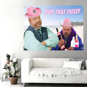 Pop That Pussy Bertram Jessie Meme Wall Flag Tapestry, Funny Pink Cowboy Hat Wall Hanging for Bedroom & Dorm