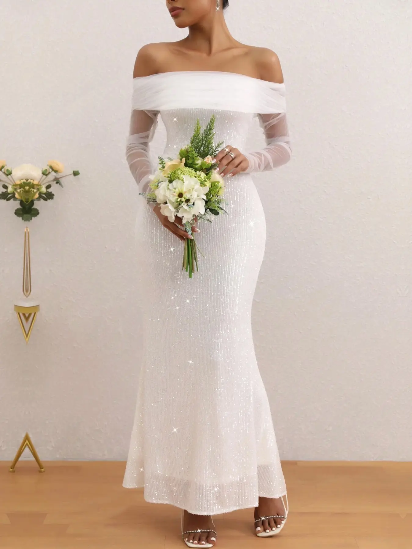 Elegant One-Shoulder Sheer Mesh Wedding Dress with Sequins, Shimmer, Long  Sleeve Formal Party Gown for Special Occasions, Bridal Evening Wear -  TikTok Shop