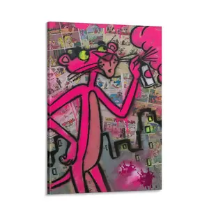 Street Art & Graffiti Poster Pink Cartoon Panther Spray Painting Modern Pop Art for Game Rooms Dorms or Gift for Street Art Fans