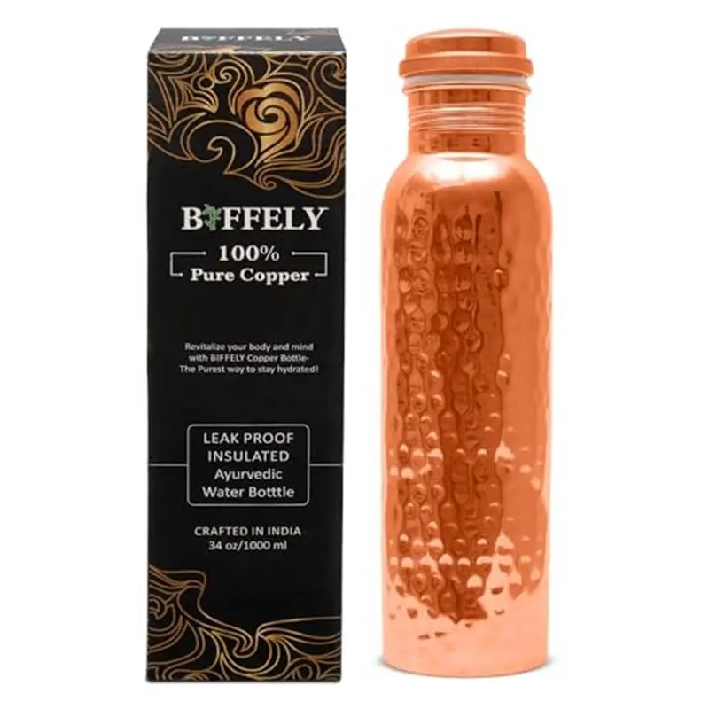 Copper Water Bottle - 34oz - Handcrafted Ayurvedic 100% Pure Copper Water Bottle for Drinking |Men & Women| Leak-Proof Lid BPA Free Non-Insulated & Eco Friendly with Premium Quality for Sport & Travel