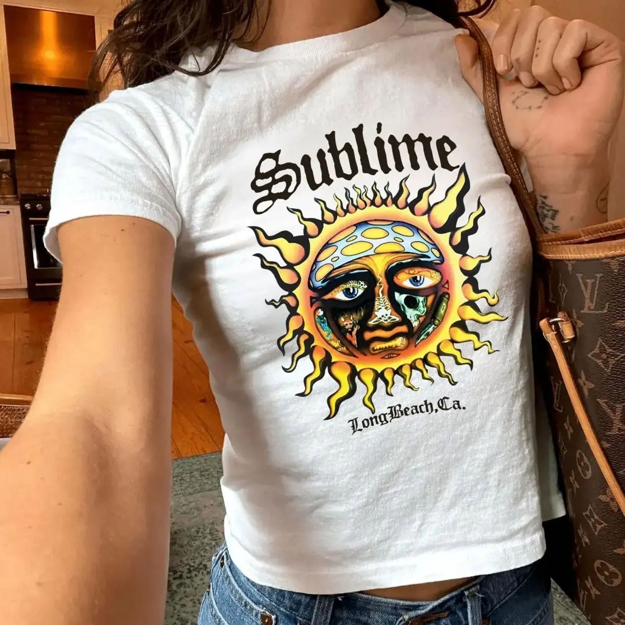 Retro Sun Face Graphic Baby Tee, Long Beach CA Aesthetic Y2K Baby Tee, Vintage Ska Punk Style Fitted Top, Y2K Fitted Top