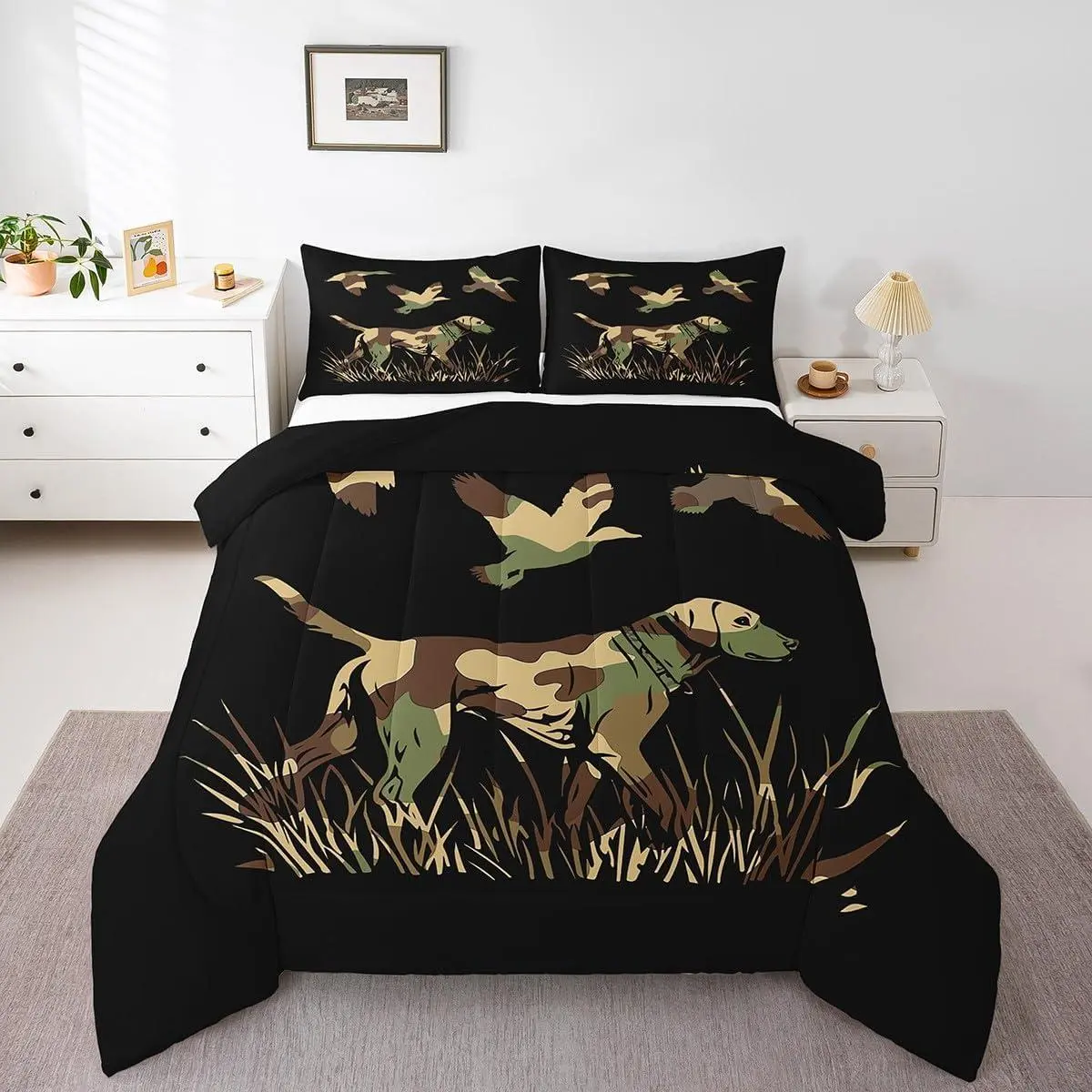 Wild Duck Hunting Bedding Set for Boys Teens Kids Black Dog Hunter Comforter Set Hunter Green Army Camouflage Farmhouse Theme Duvet Quilt Home Decor
