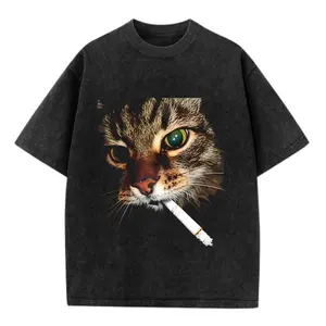 Vintage Washed Smoking Tabby Cat Graphic T-Shirt Retro Funny Cool Cat Cigarette Distressed Oversized Tee Edgy Tabby Cat Smoking Streetwear Washed Black T-Shirt