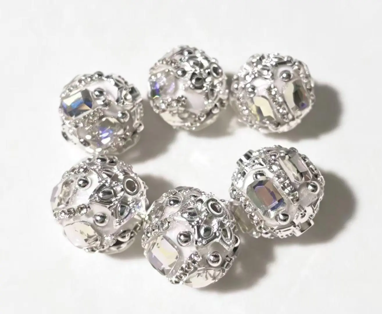 (NO.167) 6pcs 18mm Silver Frame Clear AB Square Rhinestone Filigree Round Beads, - Fashion Accessory for Keychains & Costume Jewelry