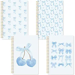 4 count Blue  Aesthetic Notebooks,  Preppy Theme Spiral Journal Notebook, Blue Bow Cherry Watercolor Aesthetic College Hardcover Spiral Notebooks for School Stationery