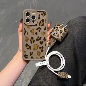 5 Piece Set Gold Leopard Print Design, Charger Head Cover, Cable Protector, Storage Rope, Tpu Anti-Drop Case for iPhone