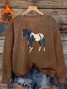 Women's Autumn Winter Round Neck Faux Fur Sweater Top, Soft and Skin-Friendly Horse Print, Casual Fit, Textured Atmosphere, Perfect for Fall & Winter