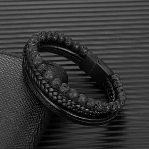 Volcanic Stone Beaded Mutilayer Leather Bracelet for Men Charm Stainless Steel Magnetic Clasp Wrap Bangle Jewelry Gifts
