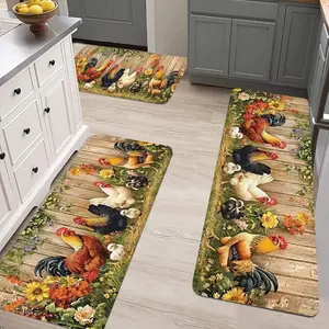 3-piece Set of Kitchen Mats Farmhouse Rooster Rugs for Home Use Vintage Rustic Rooster Rugs Made of Flannel Material Stain-resistant Non-slip Soft Comfortable and Easy to Clean Suitable for Bedroom Living Room floor decoration floor mat polyester style