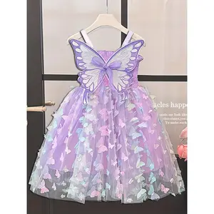 ERT-Girls' Summer Princess Dress with Butterfly Wings - Sleeveless Off-Shoulder Tulle, Gradient Pink to Lavender A-Line Mid-Length Dress for Dance Performances & Parties, Machine Washable, Youngsters Party Wear |       Decorative Floral Hem,