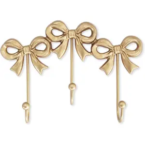Gold Wall Mounted Small Bow Functional Hooks,Antique Gold Cast Iron Hook for Coats Bags Bath Towels, Room Decor for Girls Room Bathroom Office, Three-Bows Size 8.27x5.59 inches