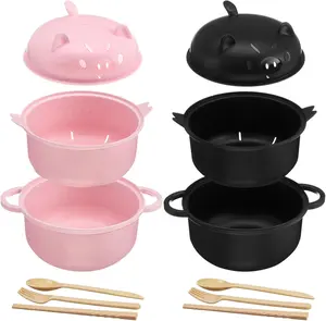 45-ounce large-sized cute ramen bowl set - Microwave-safe cooking pot for pork ramen noodles - Wheat-made bowls with filter covers - Bowls with handles and spoons - Forks and knives - Suitable for families, dormitories, and universities