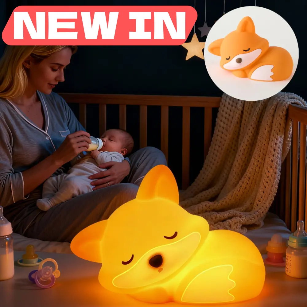 Fox Silicone Baby Night Light - Nursery USB Rechargeable Lamp with Adjustable Brightness, Touch Control, Timer Mode, Portable Stable Base, Baby-Safe Soft Soothing Glow, Sleep Aid for Newborns, Portable With A Stable Base