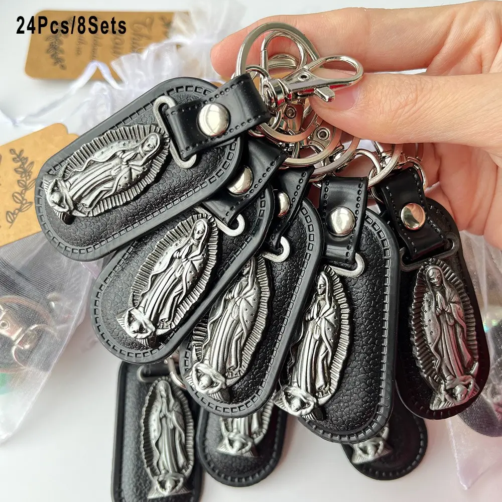 24pcs/8sets Stylish Faux Leather Virgin Mary Keychains Party Favors, Perfect Gifts For Christmas, Bulk Religious Gifts, Religious Souvenirs, Baptism, Wedding, Confirmation, First Communion, Our Lady's Festival, Easter, Faith, Birthday Gifts, Graduation