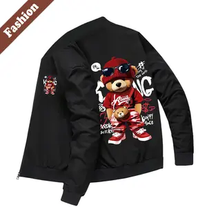 Men's Fashion Casual Flight Jacket - Menswear, American Vintage Street Style, Bear Print, Unique Pocket Details, Longsleeves, Round Neck, Fall Winter Essential Black Coat Top