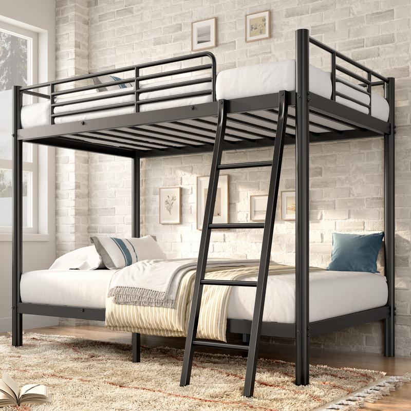 Twin Bunk Metal Bed with Ladder and Guardrails Heavy Duty Metal Construction Suitable for Teens and Adults Ideal for Families and Guests
