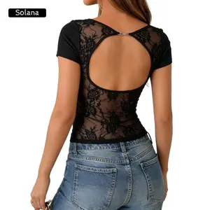 Women Lace Patchwork Tops Y2k Short SleeveFit Backless T Shirt Open Back Going Out Tee Tops