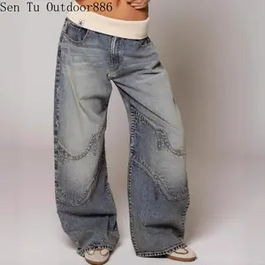 REVICE Women's Jeans Pants Fashion Loose Fit Casual Low Rise Denim Pants Y2K Retro Streetwear Vintage American Wide Leg Trousers